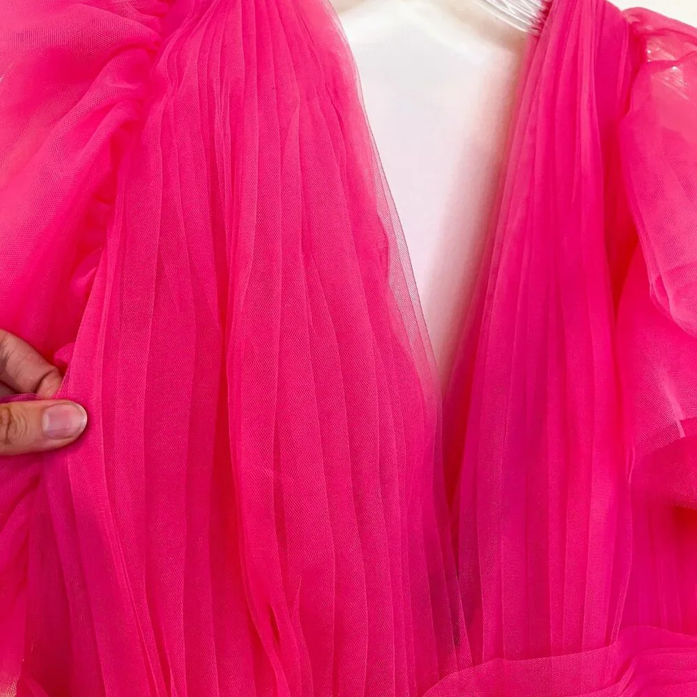 Mac Duggal Hot Pink Tulle V Neck Strapless Layered Preppy Mini Dress 6 NWT - Picture 9 of 10